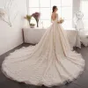 Elegant Ivory Wedding Dresses 2019 A-Line / Princess V-Neck Puffy 1/2 Sleeves Backless Appliques Lace Beading Pearl Cathedral Train Ruffle