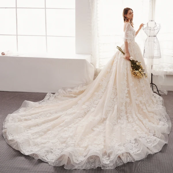 Elegant Ivory Wedding Dresses 2019 A-Line / Princess V-Neck Puffy 1/2 Sleeves Backless Appliques Lace Beading Pearl Cathedral Train Ruffle