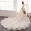 Elegant Ivory Wedding Dresses 2019 A-Line / Princess V-Neck Puffy 1/2 Sleeves Backless Appliques Lace Beading Pearl Cathedral Train Ruffle
