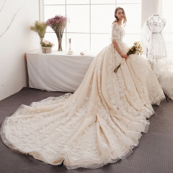 Elegant Ivory Wedding Dresses 2019 A-Line / Princess V-Neck Puffy 1/2 Sleeves Backless Appliques Lace Beading Pearl Cathedral Train Ruffle