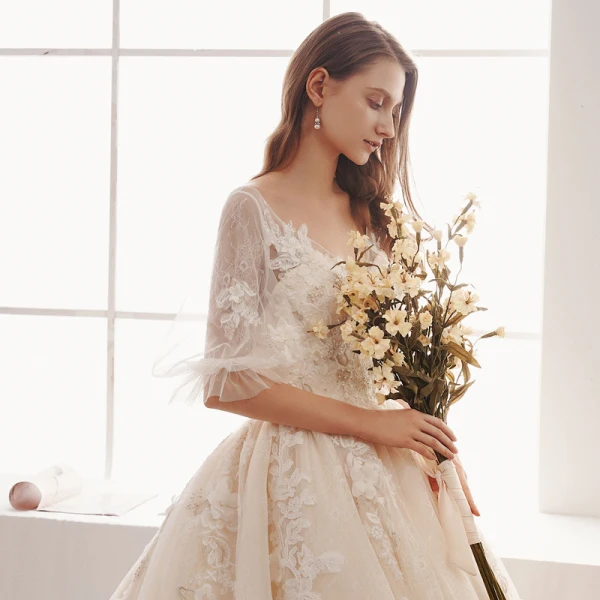 Elegant Ivory Wedding Dresses 2019 A-Line / Princess V-Neck Puffy 1/2 Sleeves Backless Appliques Lace Beading Pearl Cathedral Train Ruffle