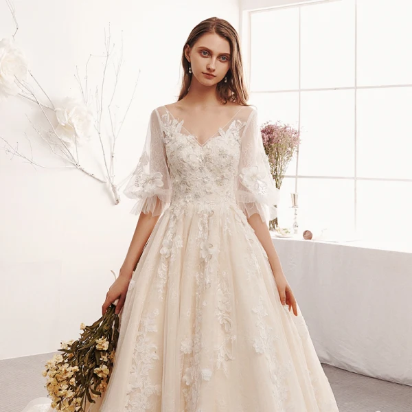 Elegant Ivory Wedding Dresses 2019 A-Line / Princess V-Neck Puffy 1/2 Sleeves Backless Appliques Lace Beading Pearl Cathedral Train Ruffle