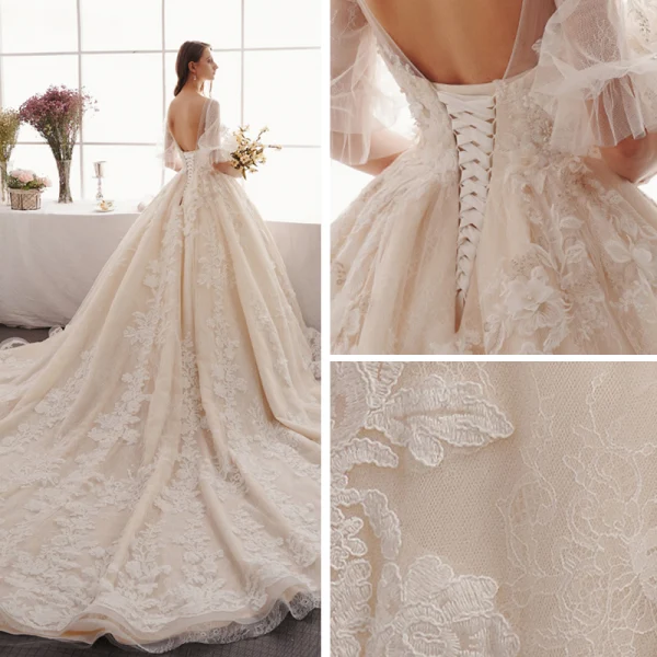 Elegant Ivory Wedding Dresses 2019 A-Line / Princess V-Neck Puffy 1/2 Sleeves Backless Appliques Lace Beading Pearl Cathedral Train Ruffle