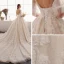 Elegant Ivory Wedding Dresses 2019 A-Line / Princess V-Neck Puffy 1/2 Sleeves Backless Appliques Lace Beading Pearl Cathedral Train Ruffle