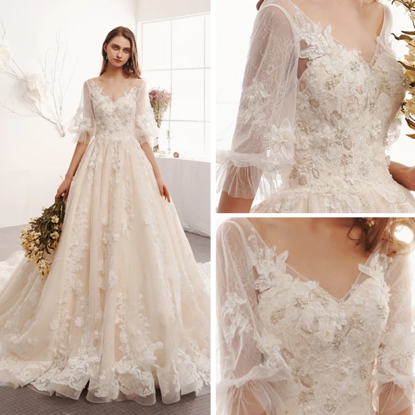 Elegant Ivory Wedding Dresses 2019 A-Line / Princess V-Neck Puffy 1/2 Sleeves Backless Appliques Lace Beading Pearl Cathedral Train Ruffle