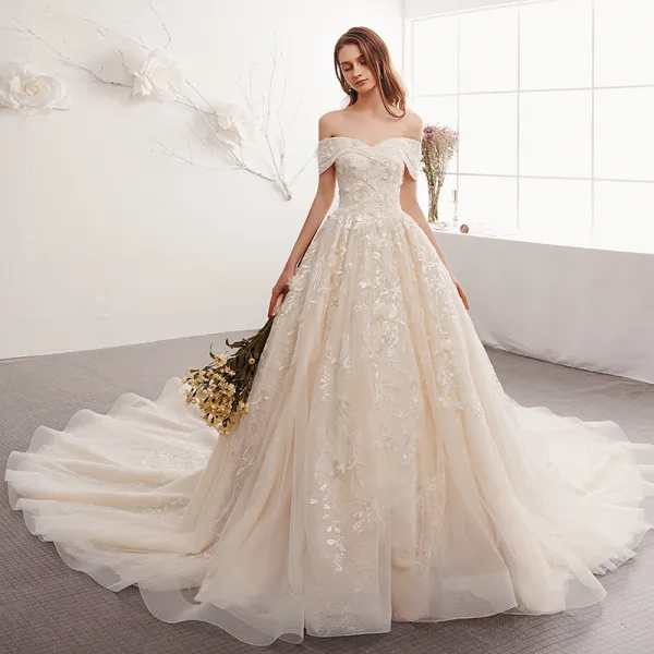 Elegant Champagne Wedding Dresses 2019 A-Line / Princess Off-The-Shoulder Short Sleeve Backless Appliques Lace Cathedral Train Ruffle