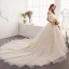 Elegant Champagne Wedding Dresses 2019 A-Line / Princess Off-The-Shoulder Short Sleeve Backless Appliques Lace Cathedral Train Ruffle