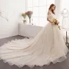 Elegant Champagne Wedding Dresses 2019 A-Line / Princess Off-The-Shoulder Short Sleeve Backless Appliques Lace Cathedral Train Ruffle