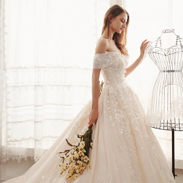Elegant Champagne Wedding Dresses 2019 A-Line / Princess Off-The-Shoulder Short Sleeve Backless Appliques Lace Cathedral Train Ruffle