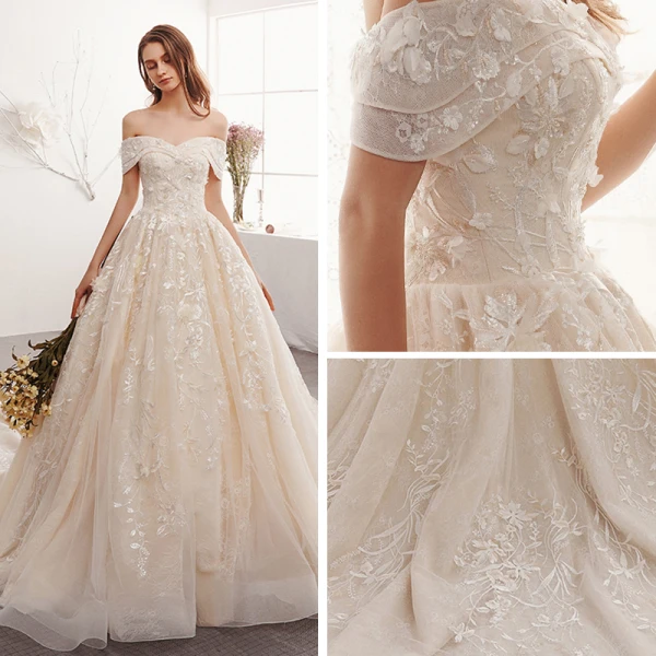 Elegant Champagne Wedding Dresses 2019 A-Line / Princess Off-The-Shoulder Short Sleeve Backless Appliques Lace Cathedral Train Ruffle