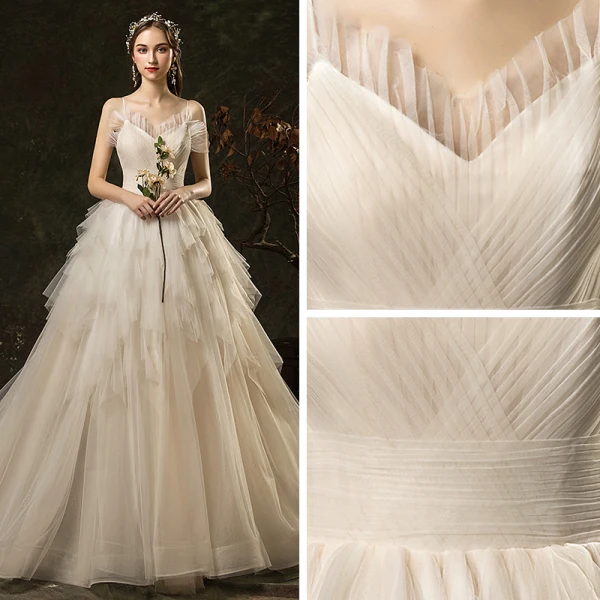 Abordable Ivoire Robe De Mariée 2019 Princesse Bretelles Spaghetti Sans Manches Dos Nu Tribunal Train Volants en Cascade
