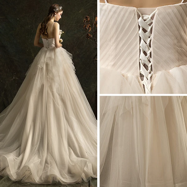 Abordable Ivoire Robe De Mariée 2019 Princesse Bretelles Spaghetti Sans Manches Dos Nu Tribunal Train Volants en Cascade