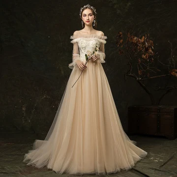 Affordable Champagne Outdoor Garden Wedding Dresses 2019 A Line Princess Off The Shoulder Puffy Long Sleeve Backless Appliques Flower Beading Sweep Train Ruffle