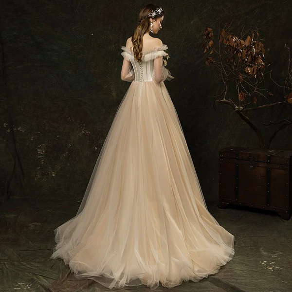 Affordable Champagne Outdoor / Garden Wedding Dresses 2019 A-Line / Princess Off-The-Shoulder Puffy Long Sleeve Backless Appliques Flower Beading Sweep Train Ruffle