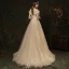 Affordable Champagne Outdoor / Garden Wedding Dresses 2019 A-Line / Princess Off-The-Shoulder Puffy Long Sleeve Backless Appliques Flower Beading Sweep Train Ruffle