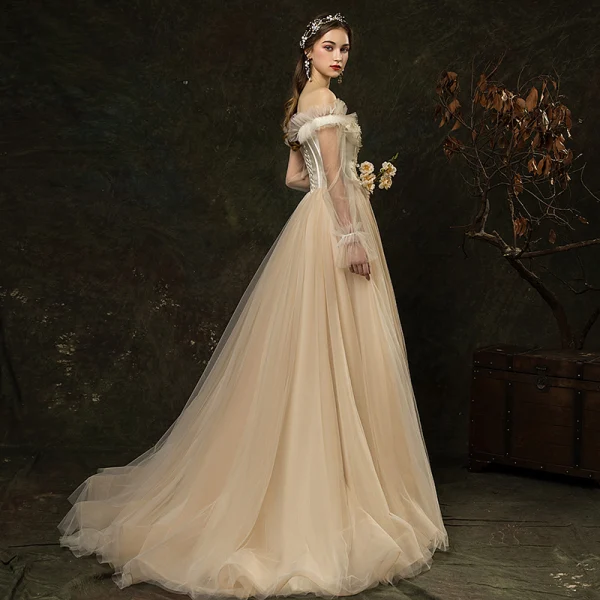 Affordable Champagne Outdoor / Garden Wedding Dresses 2019 A-Line / Princess Off-The-Shoulder Puffy Long Sleeve Backless Appliques Flower Beading Sweep Train Ruffle