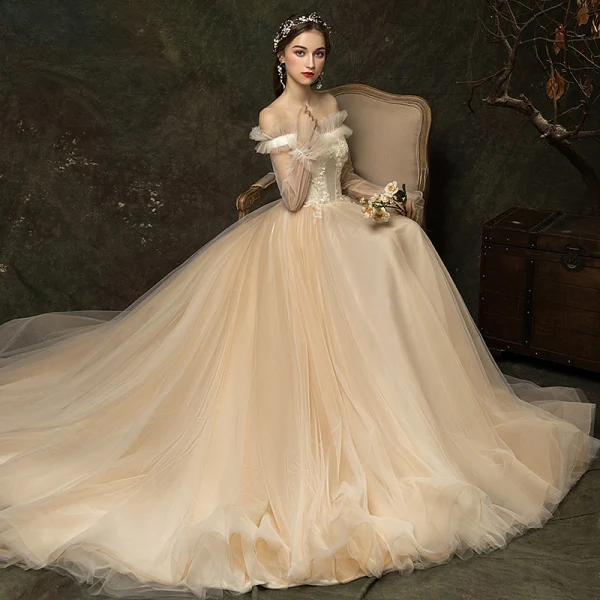 Affordable Champagne Outdoor / Garden Wedding Dresses 2019 A-Line / Princess Off-The-Shoulder Puffy Long Sleeve Backless Appliques Flower Beading Sweep Train Ruffle