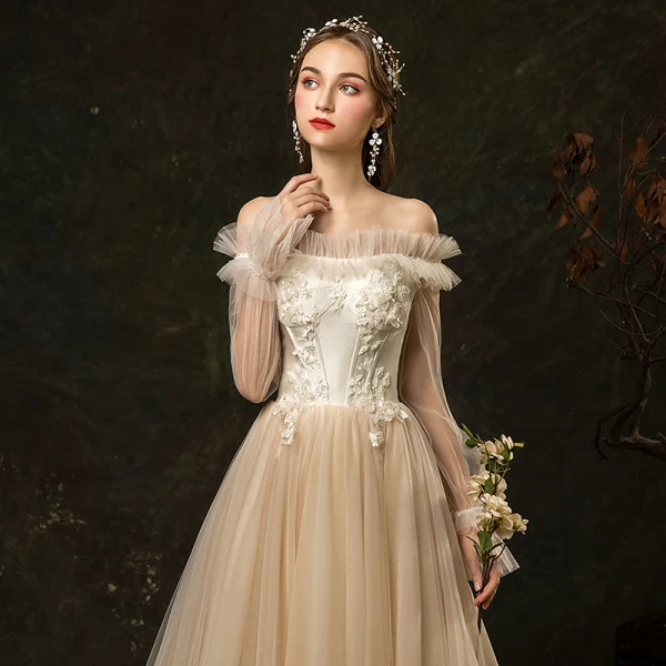 Affordable Champagne Outdoor / Garden Wedding Dresses 2019 A-Line / Princess Off-The-Shoulder Puffy Long Sleeve Backless Appliques Flower Beading Sweep Train Ruffle