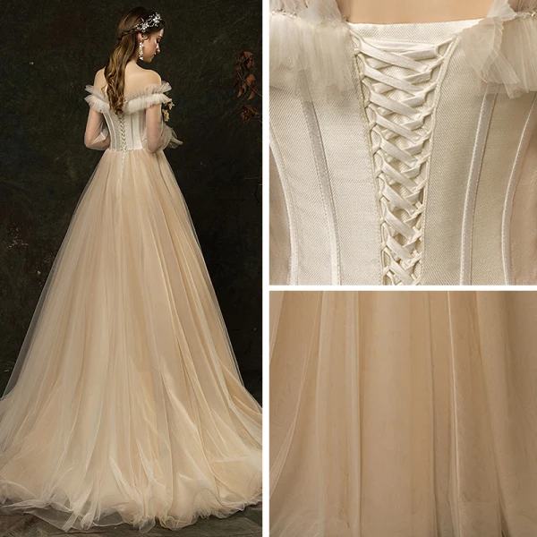Affordable Champagne Outdoor / Garden Wedding Dresses 2019 A-Line / Princess Off-The-Shoulder Puffy Long Sleeve Backless Appliques Flower Beading Sweep Train Ruffle