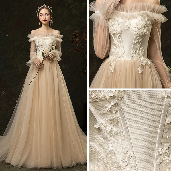 Affordable Champagne Outdoor / Garden Wedding Dresses 2019 A-Line / Princess Off-The-Shoulder Puffy Long Sleeve Backless Appliques Flower Beading Sweep Train Ruffle