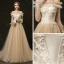 Affordable Champagne Outdoor / Garden Wedding Dresses 2019 A-Line / Princess Off-The-Shoulder Puffy Long Sleeve Backless Appliques Flower Beading Sweep Train Ruffle