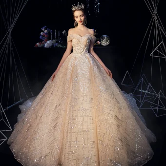 Sparkly Champagne Wedding Dresses 2019 A Line Princess Off The Shoulder Short Sleeve Backless Appliques Lace Glitter Tulle Cathedral Train Ruffle