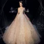 Sparkly Champagne Wedding Dresses 2019 A-Line / Princess Off-The-Shoulder Short Sleeve Backless Appliques Lace Glitter Tulle Cathedral Train Ruffle