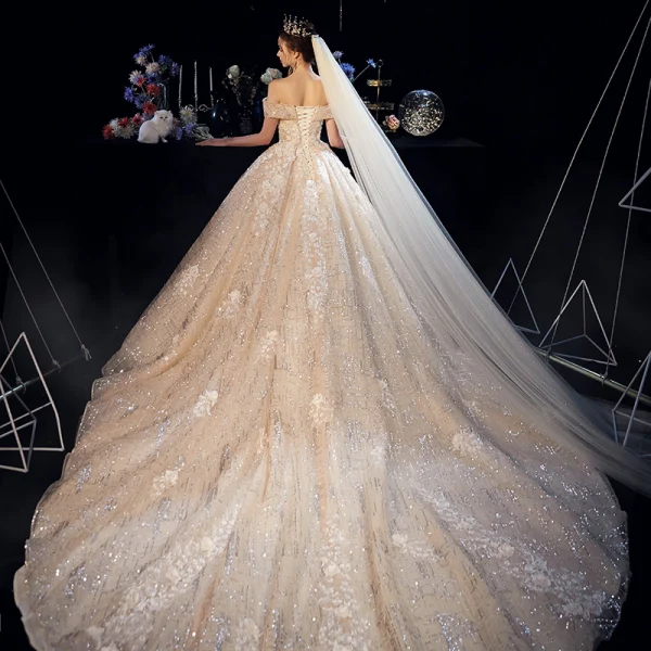 Sparkly Champagne Wedding Dresses 2019 A-Line / Princess Off-The-Shoulder Short Sleeve Backless Appliques Lace Glitter Tulle Cathedral Train Ruffle