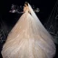 Sparkly Champagne Wedding Dresses 2019 A-Line / Princess Off-The-Shoulder Short Sleeve Backless Appliques Lace Glitter Tulle Cathedral Train Ruffle