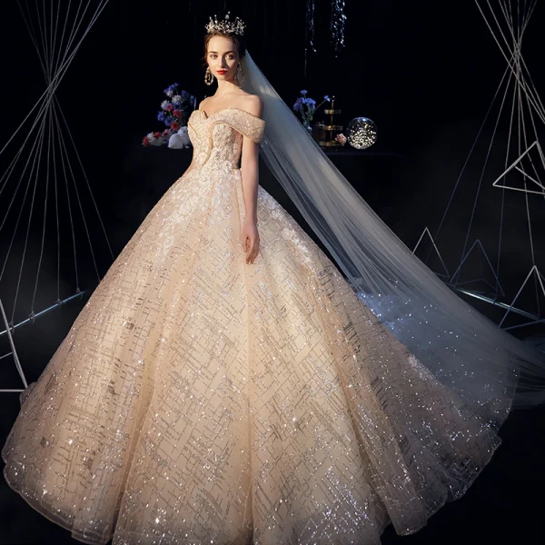 Sparkly Champagne Wedding Dresses 2019 A-Line / Princess Off-The-Shoulder Short Sleeve Backless Appliques Lace Glitter Tulle Cathedral Train Ruffle