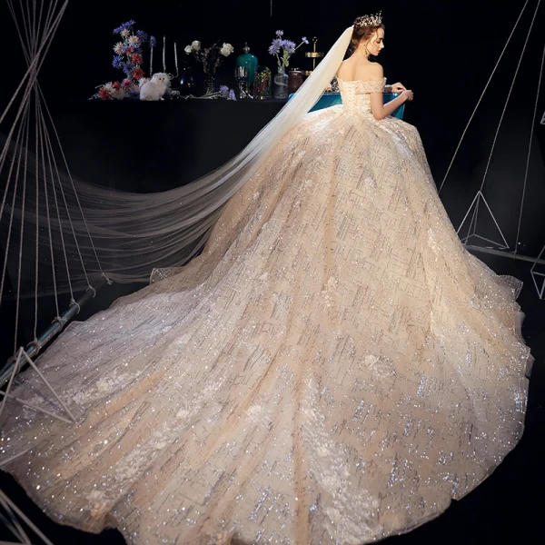 Sparkly Champagne Wedding Dresses 2019 A-Line / Princess Off-The-Shoulder Short Sleeve Backless Appliques Lace Glitter Tulle Cathedral Train Ruffle