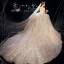 Sparkly Champagne Wedding Dresses 2019 A-Line / Princess Off-The-Shoulder Short Sleeve Backless Appliques Lace Glitter Tulle Cathedral Train Ruffle