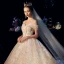 Sparkly Champagne Wedding Dresses 2019 A-Line / Princess Off-The-Shoulder Short Sleeve Backless Appliques Lace Glitter Tulle Cathedral Train Ruffle