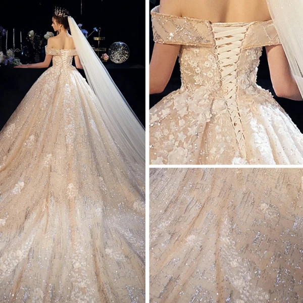 Sparkly Champagne Wedding Dresses 2019 A-Line / Princess Off-The-Shoulder Short Sleeve Backless Appliques Lace Glitter Tulle Cathedral Train Ruffle