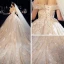 Sparkly Champagne Wedding Dresses 2019 A-Line / Princess Off-The-Shoulder Short Sleeve Backless Appliques Lace Glitter Tulle Cathedral Train Ruffle