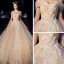 Sparkly Champagne Wedding Dresses 2019 A-Line / Princess Off-The-Shoulder Short Sleeve Backless Appliques Lace Glitter Tulle Cathedral Train Ruffle