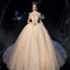 Fabuleux Champagne Transparentes Robe De Mariée 2019 Robe Boule Col Haut Manches Courtes Dos Nu Appliques En Dentelle Perlage Glitter Tulle Cathedral Train Volants