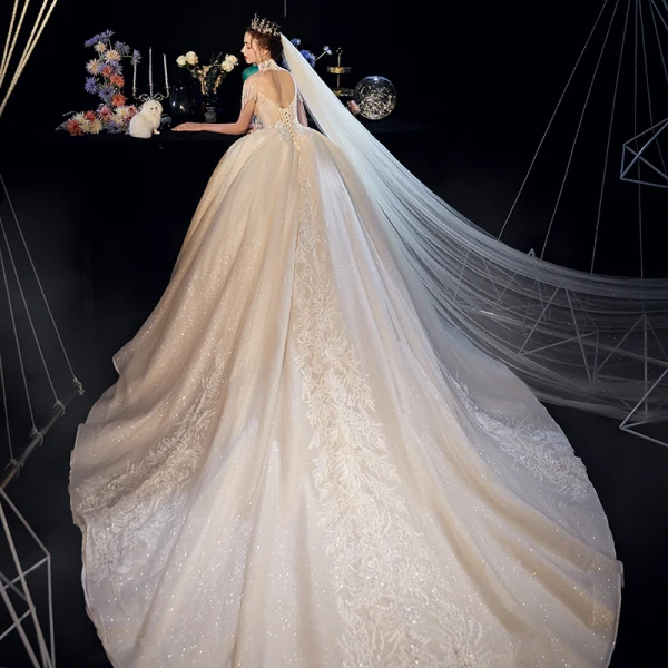 Fabuleux Champagne Transparentes Robe De Mariée 2019 Robe Boule Col Haut Manches Courtes Dos Nu Appliques En Dentelle Perlage Glitter Tulle Cathedral Train Volants