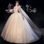 Fabuleux Champagne Transparentes Robe De Mariée 2019 Robe Boule Col Haut Manches Courtes Dos Nu Appliques En Dentelle Perlage Glitter Tulle Cathedral Train Volants