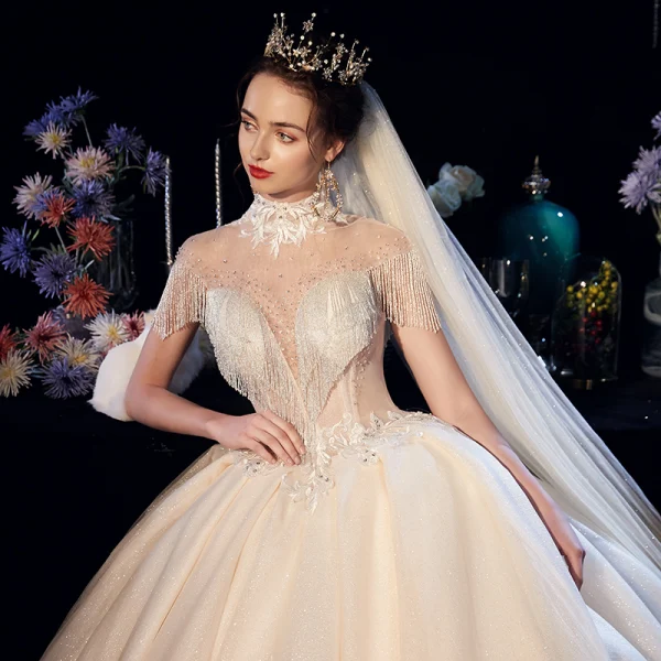 Fabuleux Champagne Transparentes Robe De Mariée 2019 Robe Boule Col Haut Manches Courtes Dos Nu Appliques En Dentelle Perlage Glitter Tulle Cathedral Train Volants