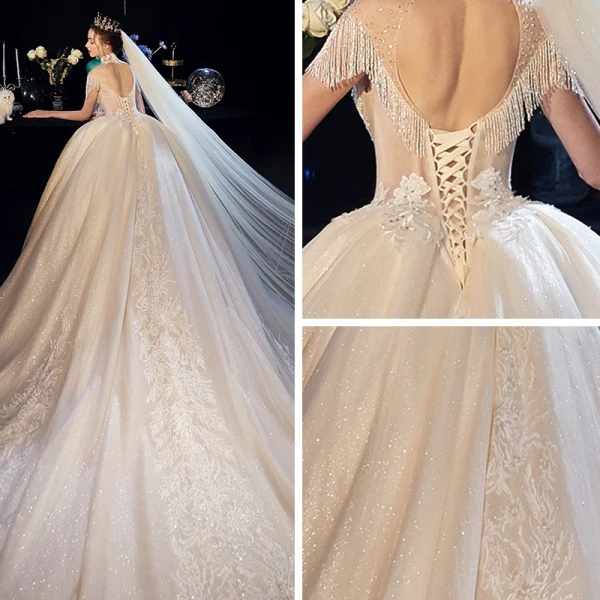 Fabuleux Champagne Transparentes Robe De Mariée 2019 Robe Boule Col Haut Manches Courtes Dos Nu Appliques En Dentelle Perlage Glitter Tulle Cathedral Train Volants