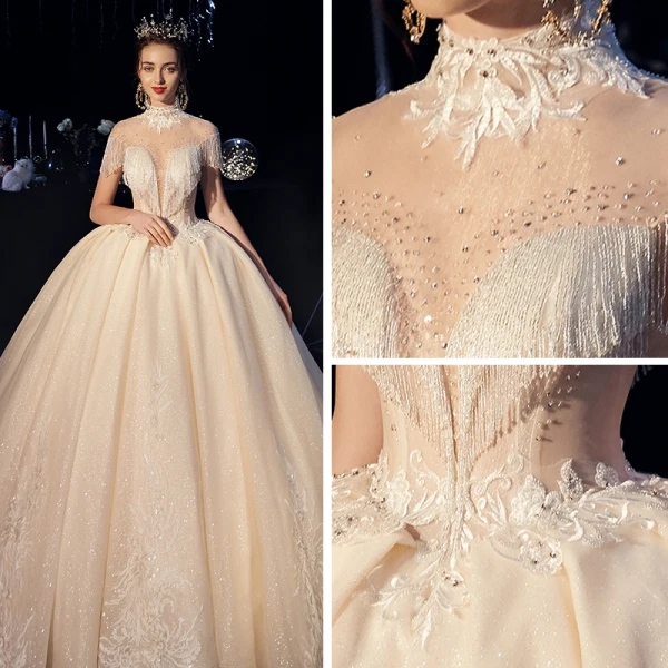 Fabuleux Champagne Transparentes Robe De Mariée 2019 Robe Boule Col Haut Manches Courtes Dos Nu Appliques En Dentelle Perlage Glitter Tulle Cathedral Train Volants