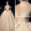 Fabuleux Champagne Transparentes Robe De Mariée 2019 Robe Boule Col Haut Manches Courtes Dos Nu Appliques En Dentelle Perlage Glitter Tulle Cathedral Train Volants