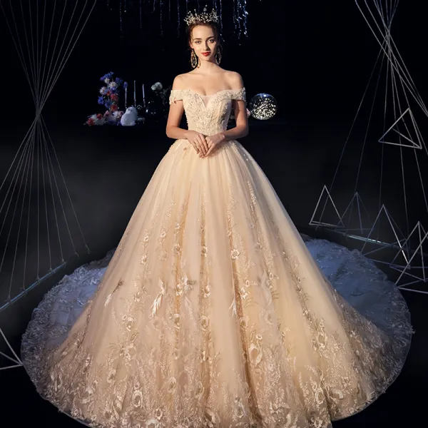 Best Champagne Wedding Dresses 2019 A Line Princess Off The Shoulder Short Sleeve Lace