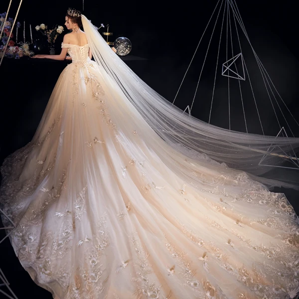 Best Champagne Wedding Dresses 2019 A-Line / Princess Off-The-Shoulder Short Sleeve Backless Appliques Lace Beading Pearl Sequins Cathedral Train Ruffle