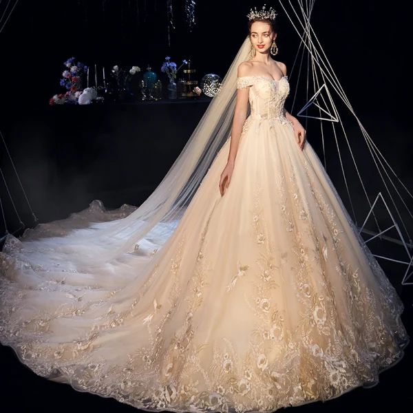 Best Champagne Wedding Dresses 2019 A-Line / Princess Off-The-Shoulder Short Sleeve Backless Appliques Lace Beading Pearl Sequins Cathedral Train Ruffle