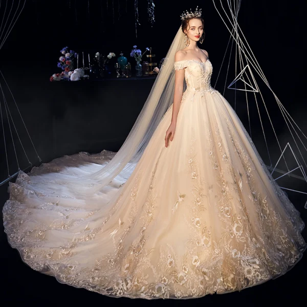 Best Champagne Wedding Dresses 2019 A-Line / Princess Off-The-Shoulder Short Sleeve Backless Appliques Lace Beading Pearl Sequins Cathedral Train Ruffle