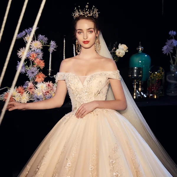 Best Champagne Wedding Dresses 2019 A-Line / Princess Off-The-Shoulder Short Sleeve Backless Appliques Lace Beading Pearl Sequins Cathedral Train Ruffle