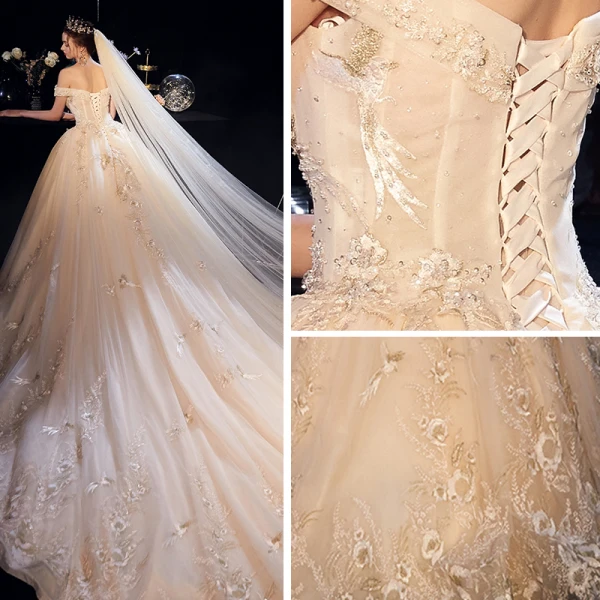 Best Champagne Wedding Dresses 2019 A-Line / Princess Off-The-Shoulder Short Sleeve Backless Appliques Lace Beading Pearl Sequins Cathedral Train Ruffle