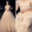 Best Champagne Wedding Dresses 2019 A-Line / Princess Off-The-Shoulder Short Sleeve Backless Appliques Lace Beading Pearl Sequins Cathedral Train Ruffle